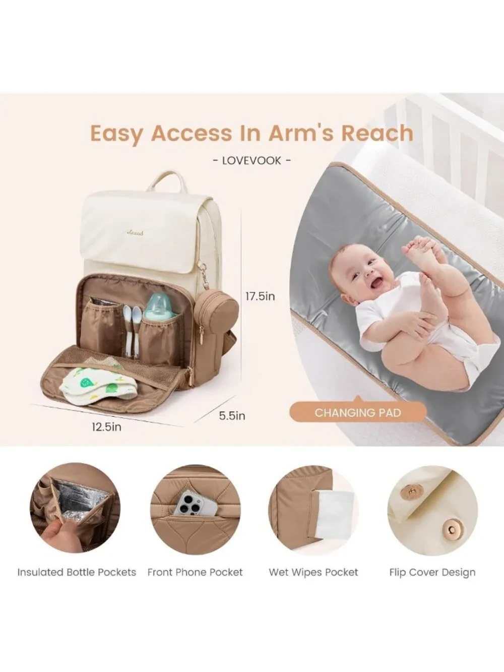 Stylish Waterproof Diaper Bag Backpack for Baby Travel, Includes Changing Pad